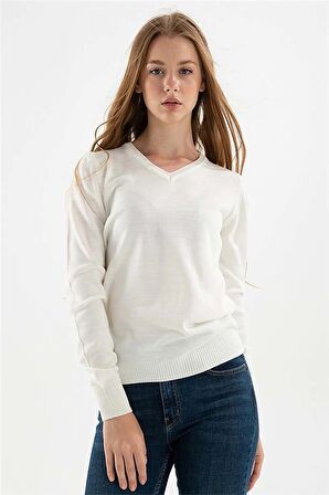 Kadın V Yaka Kazak 23K0244K1 Ekru