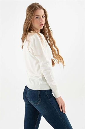 Kadın V Yaka Kazak 23K0244K1 Ekru