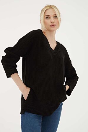 Fashion Friends 23K0145K1 Kadın V Yaka Oversize Kazak
