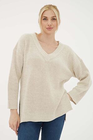 Fashion Friends 23K0145K1 Kadın V Yaka Oversize Kazak
