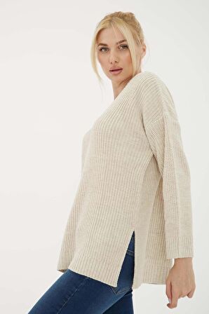 Fashion Friends 23K0145K1 Kadın V Yaka Oversize Kazak