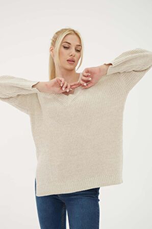 Fashion Friends 23K0145K1 Kadın V Yaka Oversize Kazak