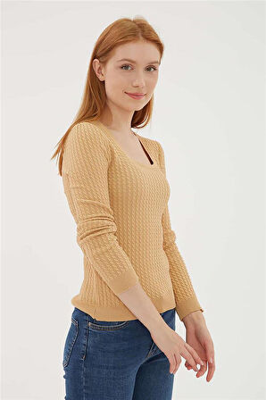 Kadın Kare Yaka Saç Örgülü Kazak 23K0405K1 Camel