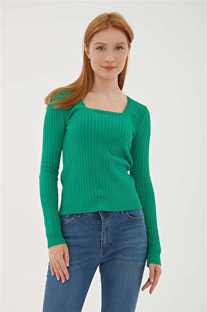 Kadın Kare Yaka Saç Örgülü Kazak 23K0405K1 Yeşil
