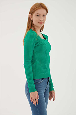 Kadın Kare Yaka Saç Örgülü Kazak 23K0405K1 Yeşil