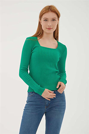 Kadın Kare Yaka Saç Örgülü Kazak 23K0405K1 Yeşil