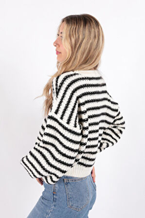 Fashion Friends 23K0345K1 Kadın Çizgili Crop Kazak