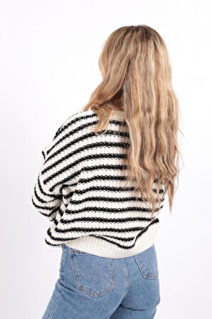 Fashion Friends 23K0345K1 Kadın Çizgili Crop Kazak