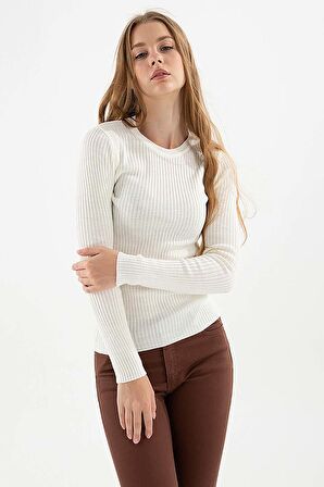 Kadın Fitilli Bisiklet Yaka Kazak 23K0290K1 Ekru