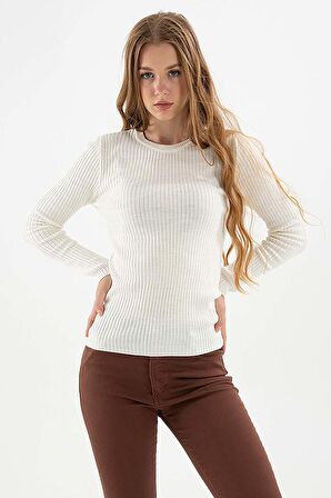 Kadın Fitilli Bisiklet Yaka Kazak 23K0290K1 Ekru