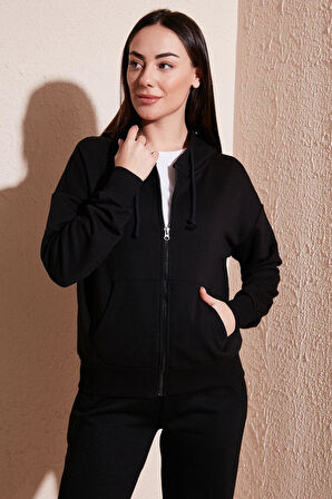 FASHION FRIENDS KADIN FERMUARLI KAPÜŞONLU SWEAT 24K0852K1