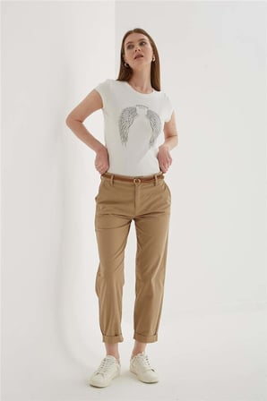 FASHION FRIENDS KADIN ZIMBA DETAYLI BASKILI T-SHİRT 25Y0560K1