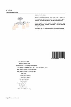 AVONNI AV-1374-4K Krom Kaplama Modern Avize E14 Metal Cam 63x30cm