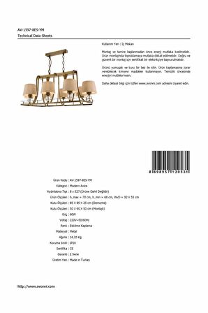 AVONNI AV-1597-8ES-YM Eskitme Kaplama Modern Avize E27 Metal Cam Kumaş 92x55cm