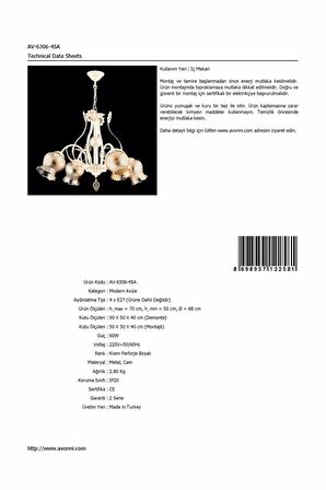 AVONNI AV-65114-4SA Krem Ferforje Boyalı Klasik Avize E27 Metal Cam 68cm