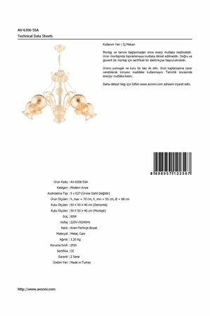AVONNI AV-65114-5SA Krem Ferforje Boyalı Klasik Avize E27 Metal Cam 68cm