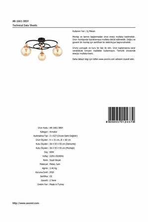 AVONNI AR-1661-3BSY Siyah Boyalı Modern Avize E27 Metal Cam 60cm