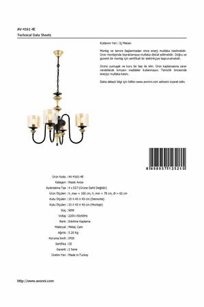 AVONNI AV-4161-4E Eskitme Kaplama Modern Avize E27 Metal Cam 62cm