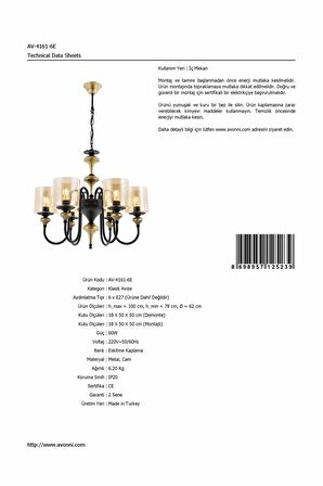 AVONNI AV-4161-6E Eskitme Kaplama Modern Avize E27 Metal Cam 62cm