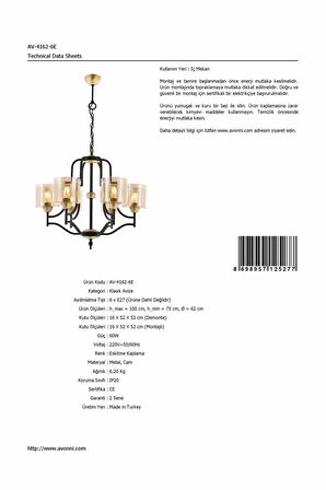 AVONNI AV-4162-6E Eskitme Kaplama Modern Avize E27 Metal Cam 62cm