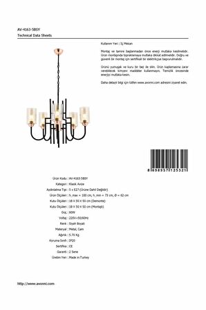 AVONNI AV-4163-5BSY Siyah Boyalı Modern Avize E27 Metal Cam 62cm