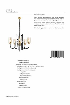 AVONNI AV-4163-5E Eskitme Kaplama Modern Avize E27 Metal Cam 62cm