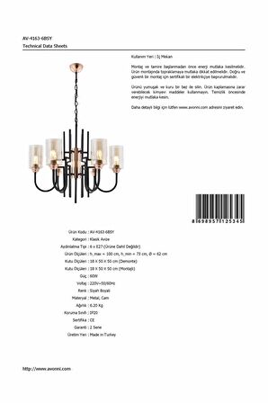 AVONNI AV-4163-6BSY Siyah Boyalı Modern Avize E27 Metal Cam 62cm