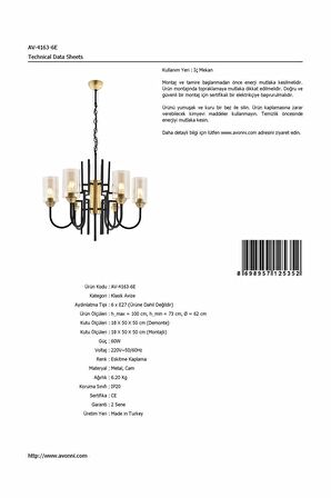 AVONNI AV-4163-6E Eskitme Kaplama Modern Avize E27 Metal Cam 62cm