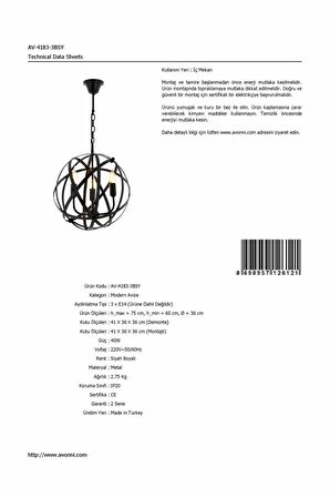 AVONNI AV-4183-3BSY Siyah Boyalı Modern Avize E14 Metal 36cm