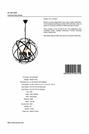 AVONNI AV-4183-6BSY Siyah Boyalı Modern Avize E14 Metal 50cm