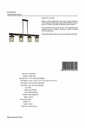 AVONNI AV-60002-4EY Eskitme Kaplama Modern Avize E27 Metal Ahşap Cam 95x15cm