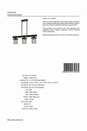 AVONNI AV-60002-3EY Eskitme Kaplama Modern Avize E27 Metal Ahşap Cam 75x15cm
