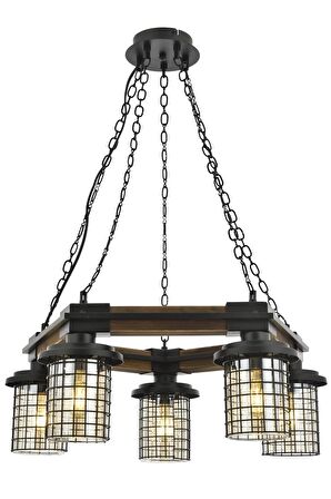 AVONNI AV-60002-5ET Eskitme Kaplama Modern Avize E27 Metal Ahşap Cam 50cm