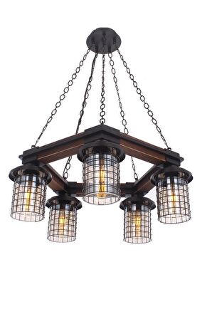 AVONNI AV-60002-5ET Eskitme Kaplama Modern Avize E27 Metal Ahşap Cam 50cm