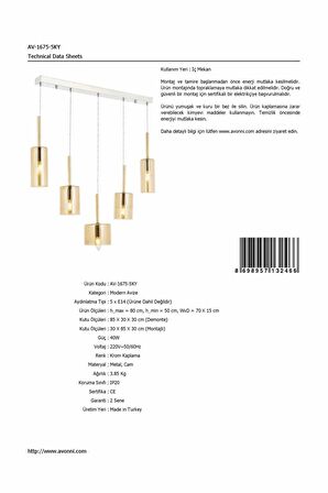 AVONNI AV-60043-5KY Krom Kaplama Modern Avize E14 Metal Cam 70x15cm