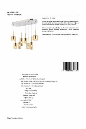 AVONNI AV-60043-ELLIPSE Krom Kaplama Modern Avize E14 Metal Cam 70x35cm