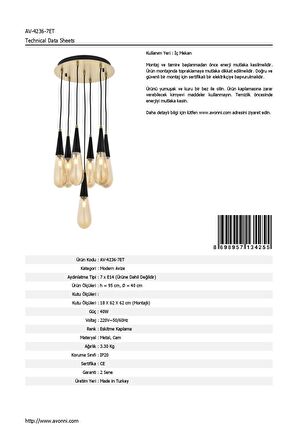 AVONNI AV-60059-7ET Eskitme Kaplama Modern Avize E14 Metal Cam 40cm