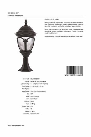 AVONNI BSU-68052-BSY Siyah Boyalı Dış Mekan Aydınlatma E27 Aluminyum Polikarbon Cam 25cm