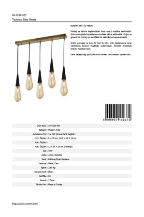 AVONNI AV-60059-5EY Eskitme Kaplama Modern Avize E14 Metal Cam 90x10cm