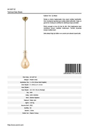 AVONNI AV-60092-1E Eskitme Kaplama Modern Avize E14 Metal Cam 15cm