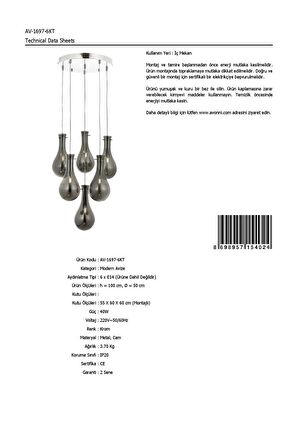 AVONNI AV-60092-6KT Krom Kaplama Modern Avize E14 Metal Cam 50cm