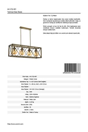 AVONNI AV-60127-4EY Eskitme Kaplama Modern Avize E27 Metal Cam 80x25cm