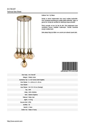 AVONNI AV-60161-6ET Eskitme Kaplama Modern Avize E27 Metal Cam 50cm