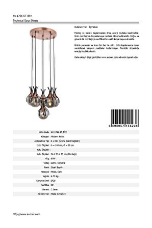 AVONNI AV-60161-6T-BSY Siyah Boyalı Modern Avize E27 Metal Cam 50cm