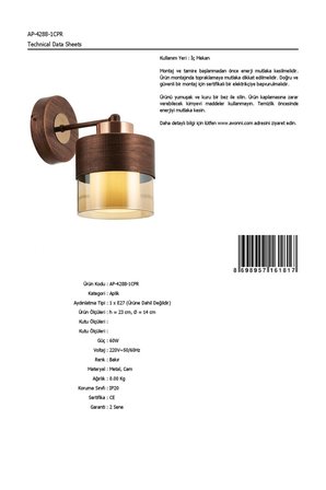 Avonni Ap-60193-1Cpr Cam - Metal Modern İç Mekan Duvar Aplik 