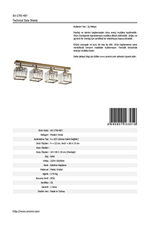 AVONNI AV-60230-4EY Eskitme Kaplama Modern Avize E27 Metal Kristal 80x15cm