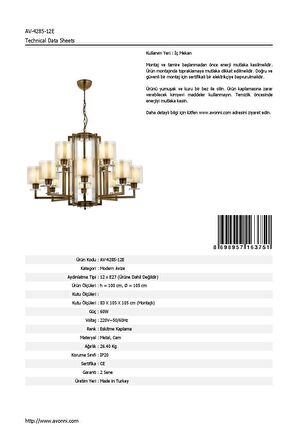 AVONNI AV-60190-12E Eskitme Kaplama Modern Avize E27 Metal Cam 105cm
