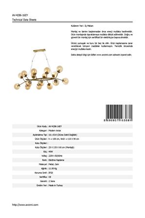 AVONNI AV-60191-16EY Eskitme Kaplama Modern Avize E14 Metal Cam 110x90cm