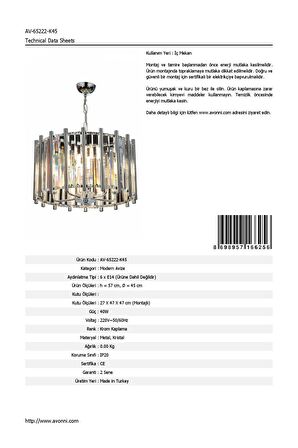 AVONNI AV-65222-K45 Krom Kaplama Modern Avize E14 Metal Kristal 45cm