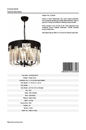 AVONNI AV-65225-BSY40 Siyah Boyalı Klasik Avize E14 Metal Kristal 40cm